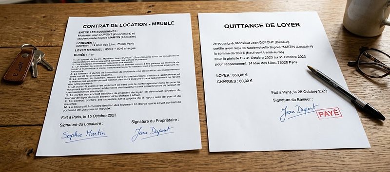 Un contrat de location meublée et une quittance de loyer signés, posés sur un bureau avec des clés